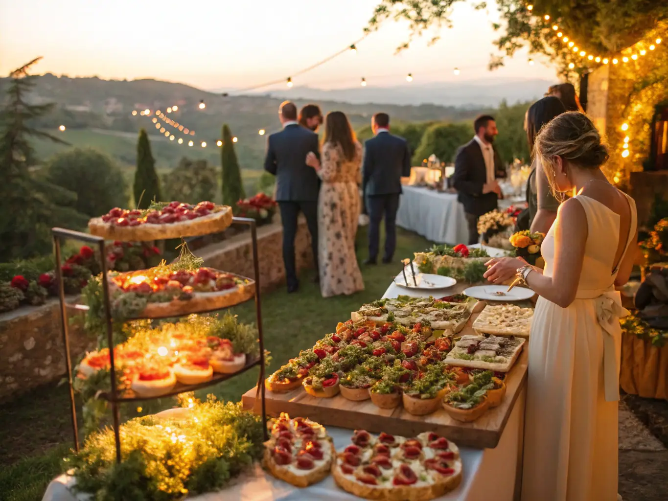 A beautifully arranged charcuterie cart at an outdoor wedding reception, featuring a variety of cheeses, meats, fruits, and crackers, with guests enjoying the selection.