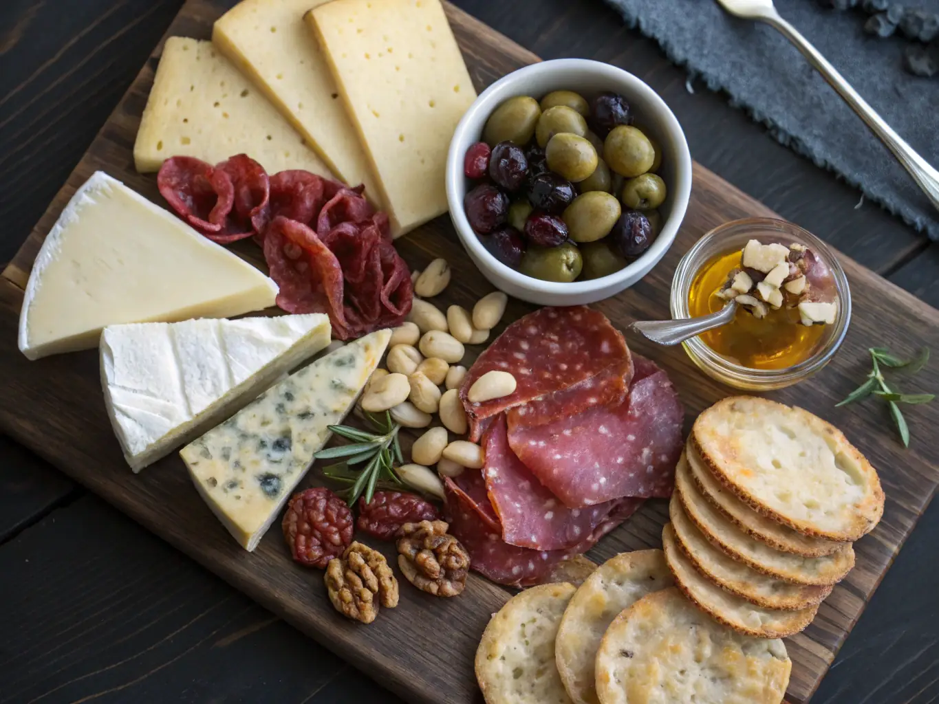A close-up shot of an individual charcuterie board, showcasing a selection of artisanal cheeses, cured meats, olives, and nuts, arranged artfully on a wooden board.
